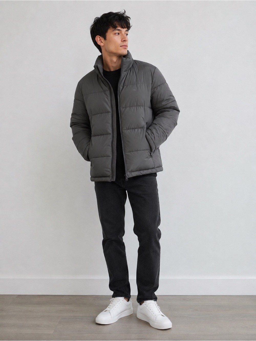 Calvin Klein Jacket Mens L Gray Quilted Puffer With Set in Bib Detail